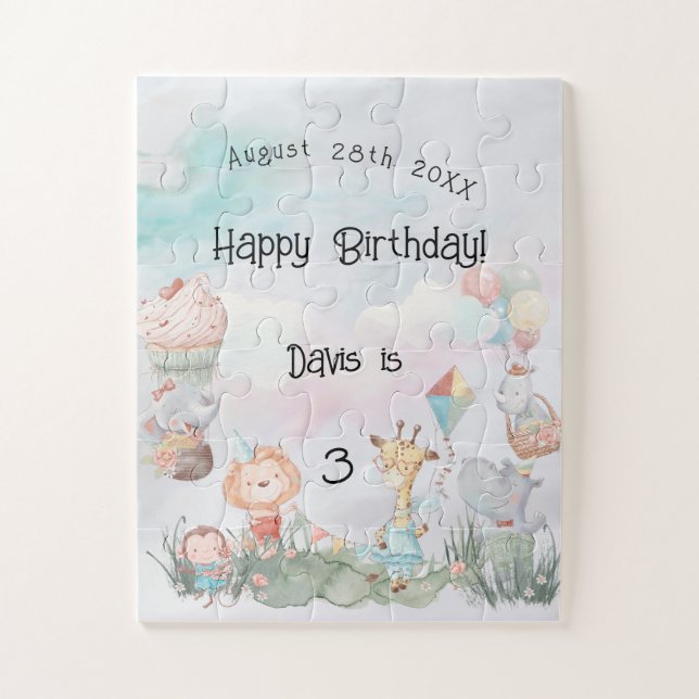 Puzzle Pastel Safari Animales Personalizados Fiesta de Cu (Vertical)