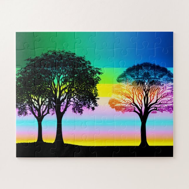 Puzzle Pastel Sunset Detrás De Los Árboles De Silueta Neg (Horizontal)