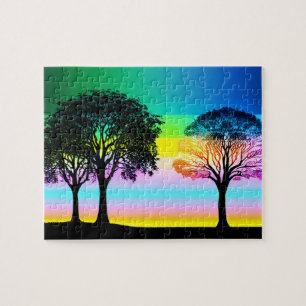 Puzzle Pastel Sunset detrás de Silhouette Black Trees