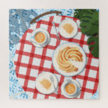 Puzzle Pastel y café para dos<br><div class="desc">Encantador y acogedor brunch dominical con amigos. Mesa de café plana con pasteles y café capuchino para dos personas sobre una mesa con manteles de cuadros rojos y blancos. Plantas de Monstera y azulejos tradicionales españoles en el suelo. Me encantaría ver este diseño en el medio silvestre; etiquetarme en Instagram...</div>