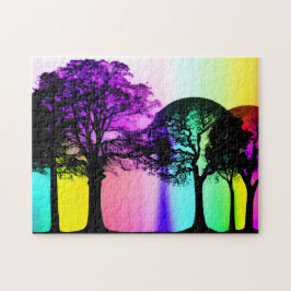 Puzzle Pasteles de arcoiris entre siluetas de árbol negro