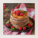 Puzzle Pasteles de suaves y sabrosos jarabes Rojos Berrie<br><div class="desc">Este diseño rústico incluye un plato repleto de deliciosos crepes dulces adornados con jarabe y bayas en una colorida toalla de cocina en una mesa rústica.</div>