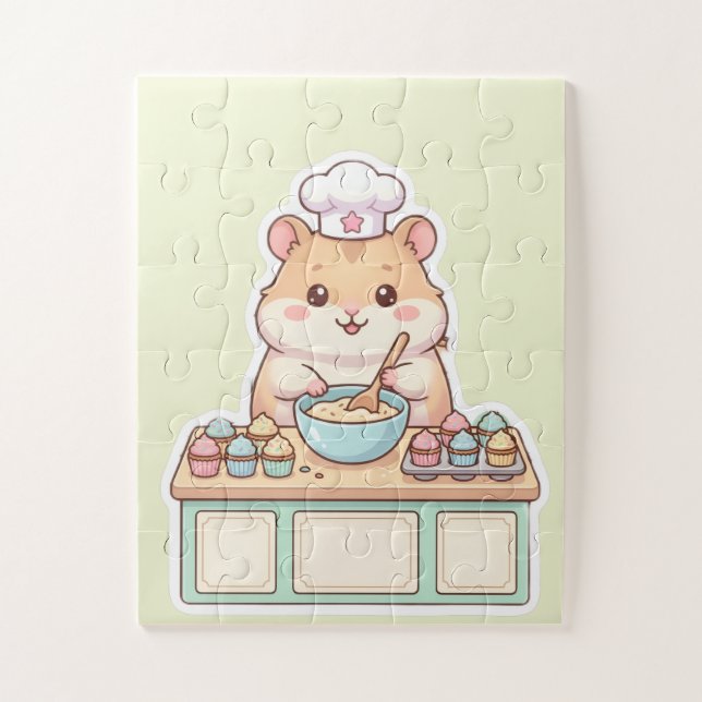 Puzzle Pastelito Kawaii Chef Hámster Horneando Cupcakes  (Vertical)