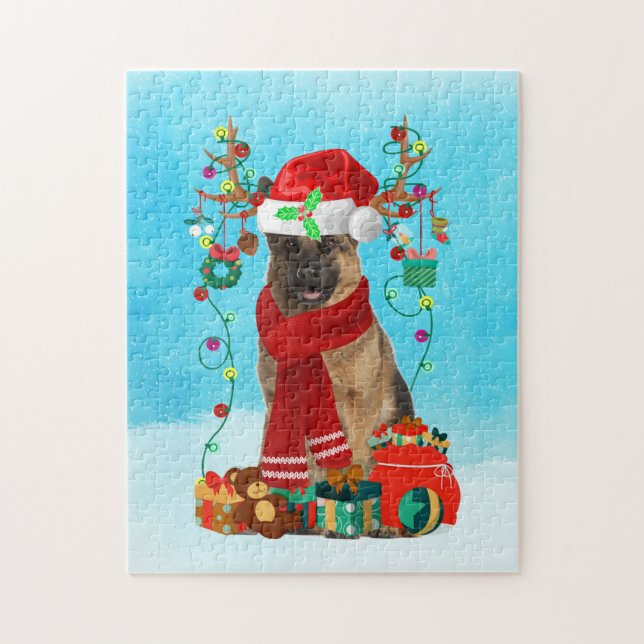 Puzzle Pastor alemán en la nieve con regalos de Navidades (Vertical)