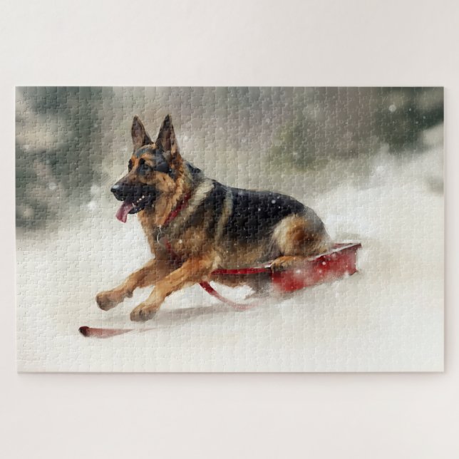 Puzzle Pastor alemán Navidad nieve invierno (Horizontal)