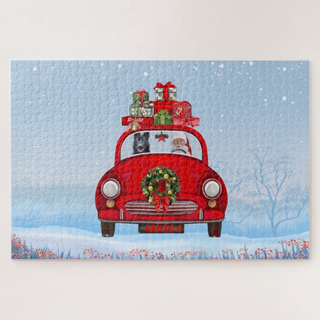 Puzzle Pastor Alemán Negro En Coche Con Santa Claus (Horizontal)