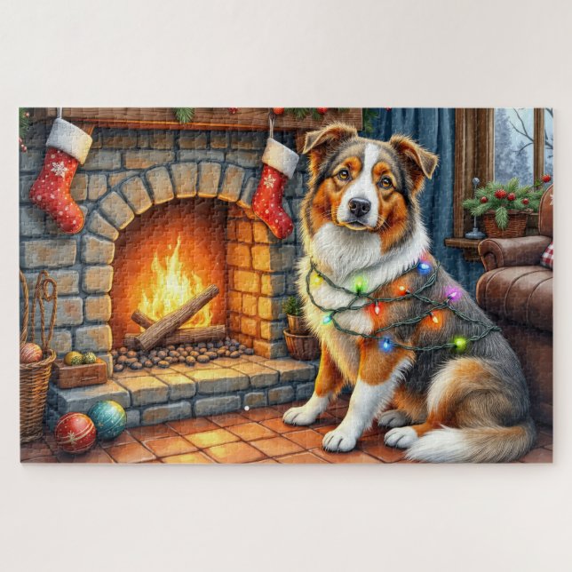 Puzzle Pastor Australiano Chimenea con Luces de Navidad (Horizontal)