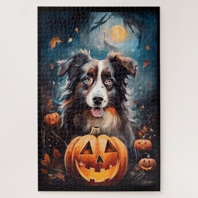 Puzzle Pastor Australiano de Halloween con Calabazas Espe (Vertical)