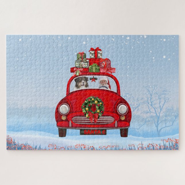 Puzzle Pastor Australiano En Coche Con Santa Claus (Horizontal)