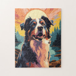 Puzzle Pastor australiano en el bosque durante la puesta 