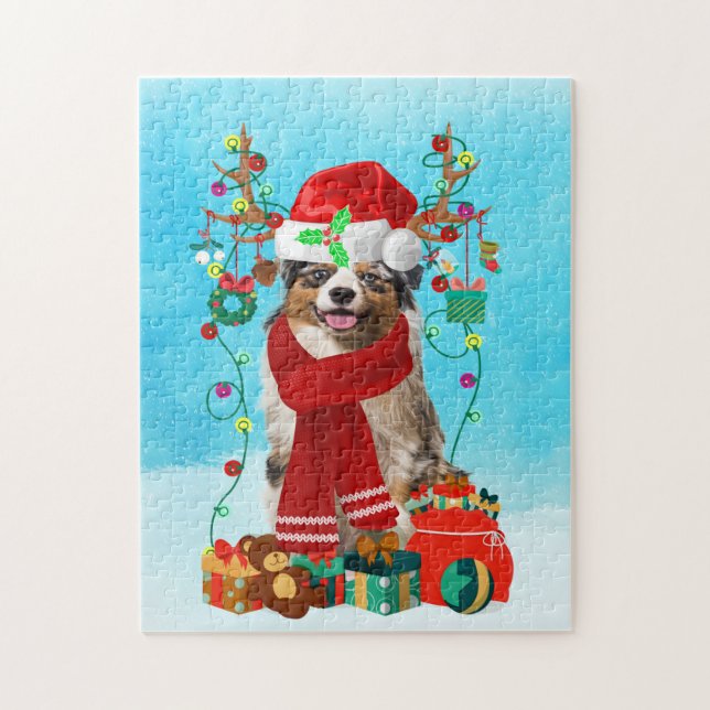 Puzzle Pastor australiano en la nieve con regalos de Navi (Vertical)