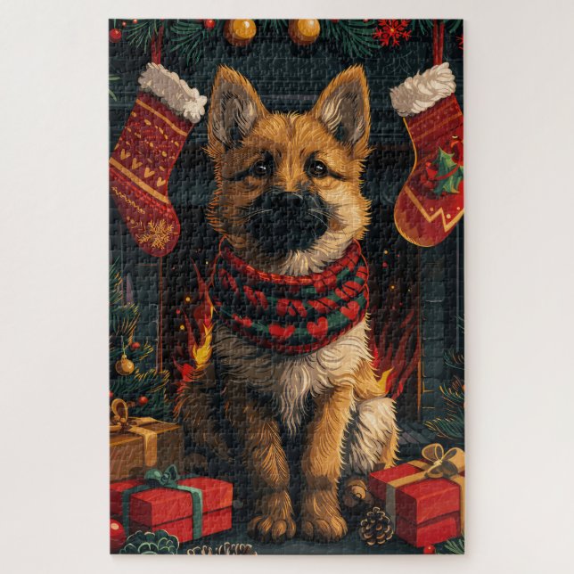 Puzzle Pastor belga con chimenea de regalos de Navidades (Vertical)