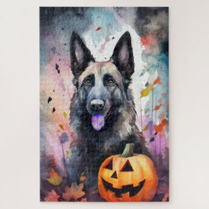Puzzle Pastor belga de Halloween con calabazas temerosas