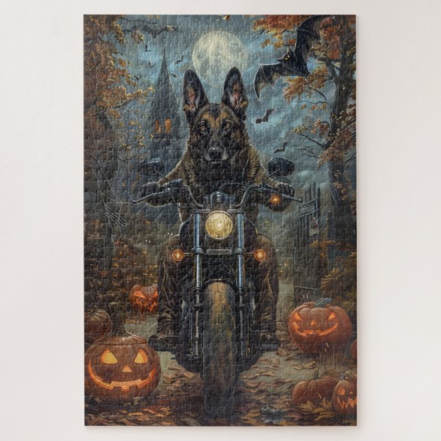 Puzzle Pastor belga montando motocicleta Halloween Scary (Vertical)