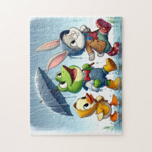 Puzzle Pato lindo, rana, conejito bajo la lluvia