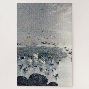 Puzzle Patos, pajares y cisnes en el lago al atardecer
