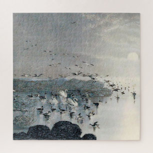 Puzzle Patos, pajares y cisnes en el lago al atardecer