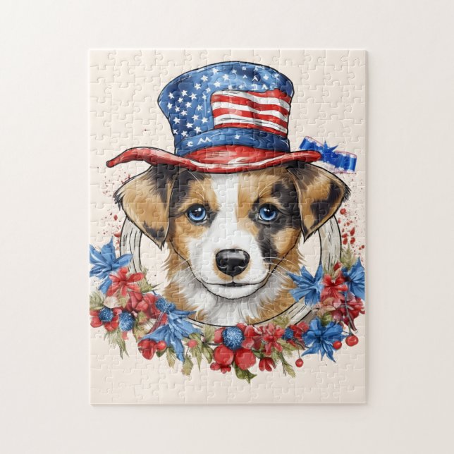 Puzzle Patriotic Puppy 4 de julio Día de la Independencia (Vertical)