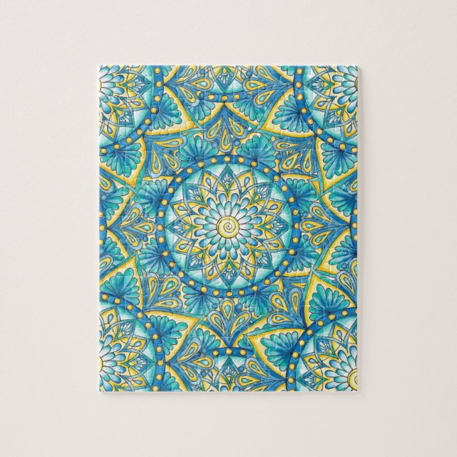 Puzzle Patrón azul Mandala amarillo turquesa (Vertical)