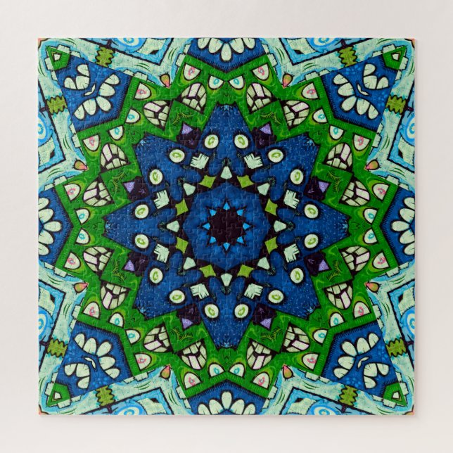 Puzzle Patrón azul verde retro mosaico de Mandala (Vertical)