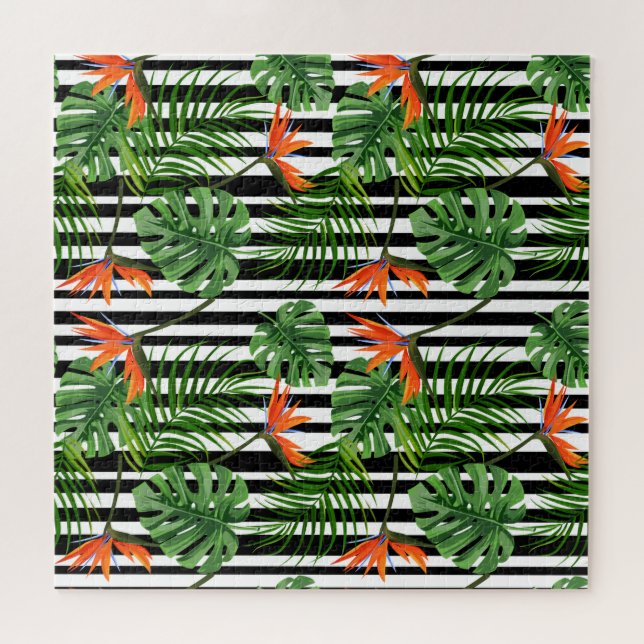 Puzzle Patrón Botánico Rayado de Monstera Tropical (Horizontal)