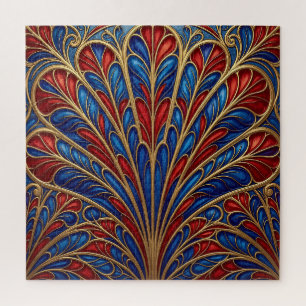 Puzzle Patrón de abanico de pavo real ornamentado azul ro