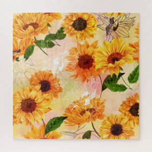 Puzzle Patrón de acuarela de girasoles amarillos dibujado