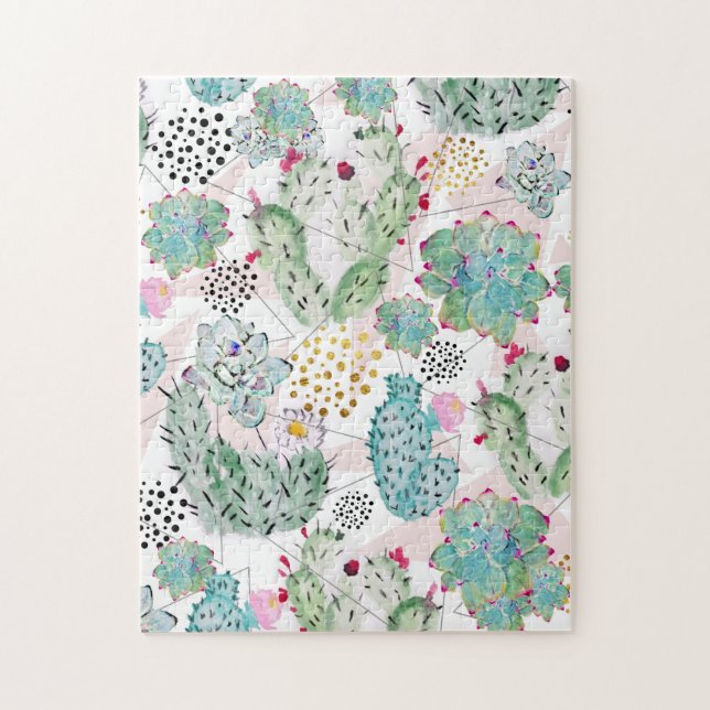 Puzzle patrón de cactus y triángulos de acuarela (Vertical)