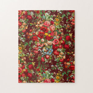 Puzzle Patrón de Chintz flores rojas rosadas pintadas