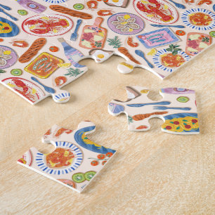 Puzzle Patrón de comida de acuarela Langosta Gamba Ostra 