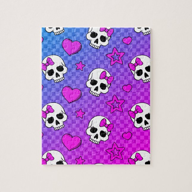 Puzzle Patrón de cráneo y corazón blanco y rosa (Vertical)