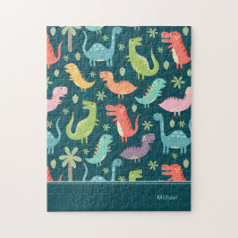 Puzzle Patrón de dinosaurios Azul Monogramado niño niño