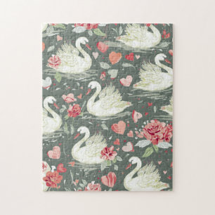 Puzzle Patrón de elementos de cisnes y corazones elegante