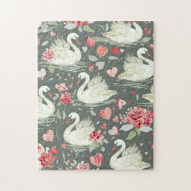 Puzzle Patrón de elementos de cisnes y corazones elegante (Vertical)