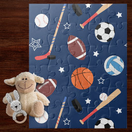 Puzzle Patrón de equipo deportivo infantil en azul sobred