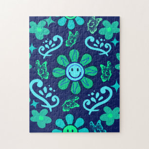 Puzzle Patrón de estilo retro azul con flores y símbolo d