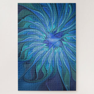 Puzzle Patrón de fantasía de flor azul, arte fractal abst