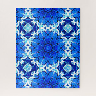 Puzzle Patrón de flor geométrica en azul cobalto y marina