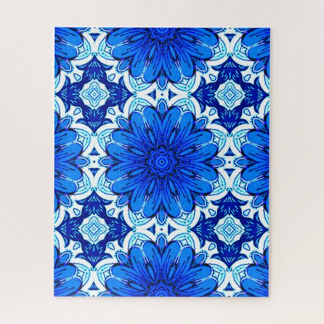 Puzzle Patrón de flor geométrica en azul cobalto y marina (Vertical)