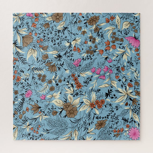 Puzzle Patrón de flor vintage, fondo azul. (Vertical)