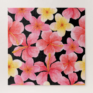 Puzzle Patrón de flores de color acuático Plumeria Hibisc