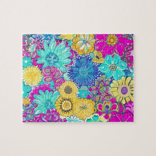 Puzzle Patrón de flores moradas, azules y amarillas (Horizontal)