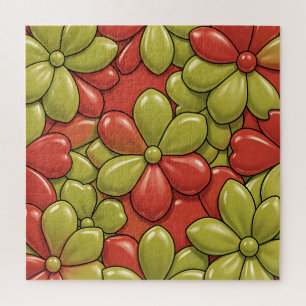 Puzzle Patrón de flores rojas verdes negritas con pétalos