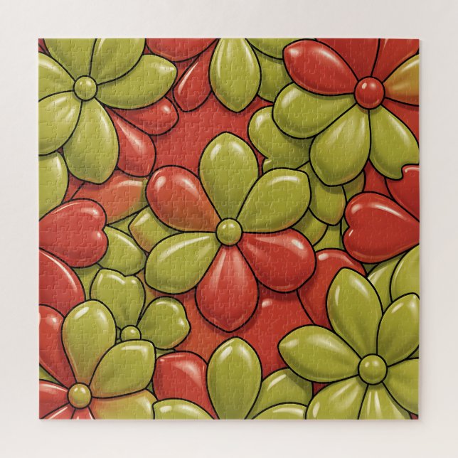 Puzzle Patrón de flores rojas verdes negritas con pétalos (Vertical)
