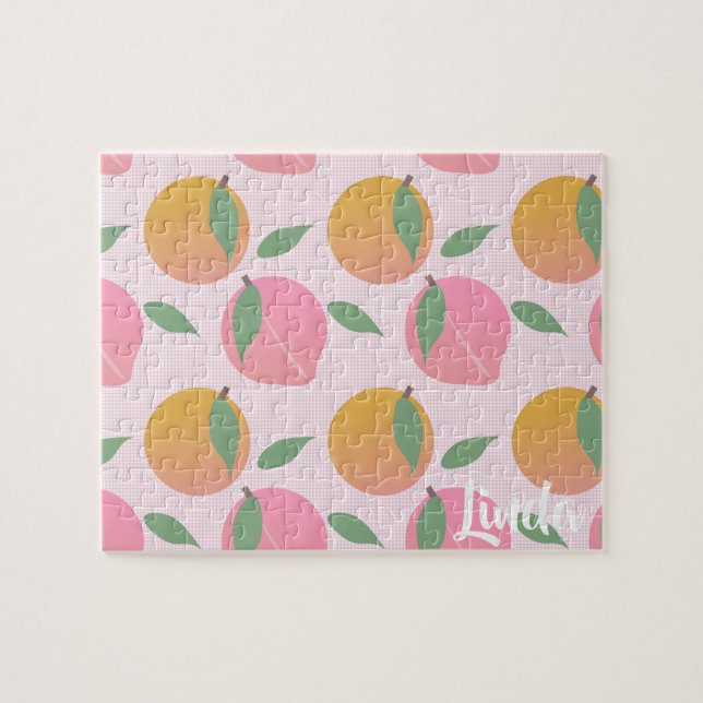 Puzzle Patrón de fruta de naranja melocotón lindo rosa (Horizontal)