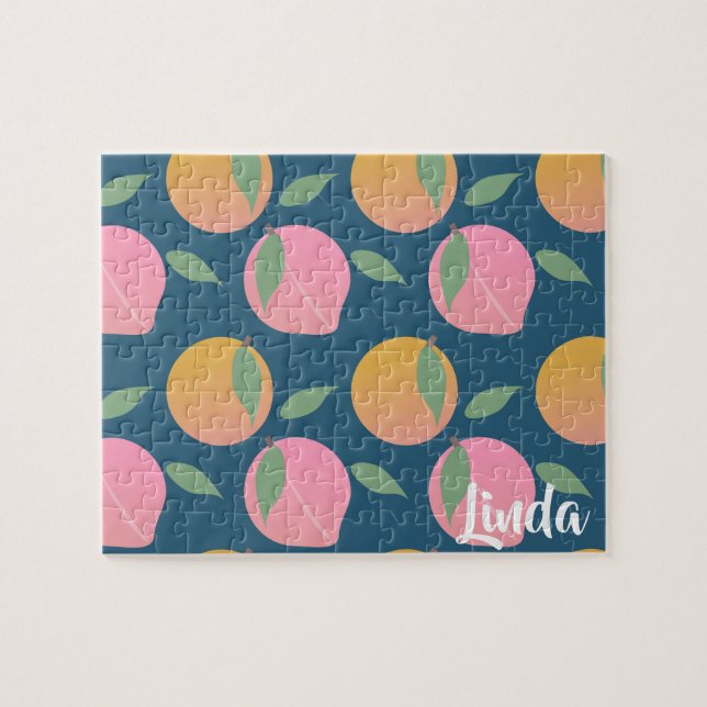 Puzzle Patrón de fruta de naranja melocotón lindo rosa (Horizontal)