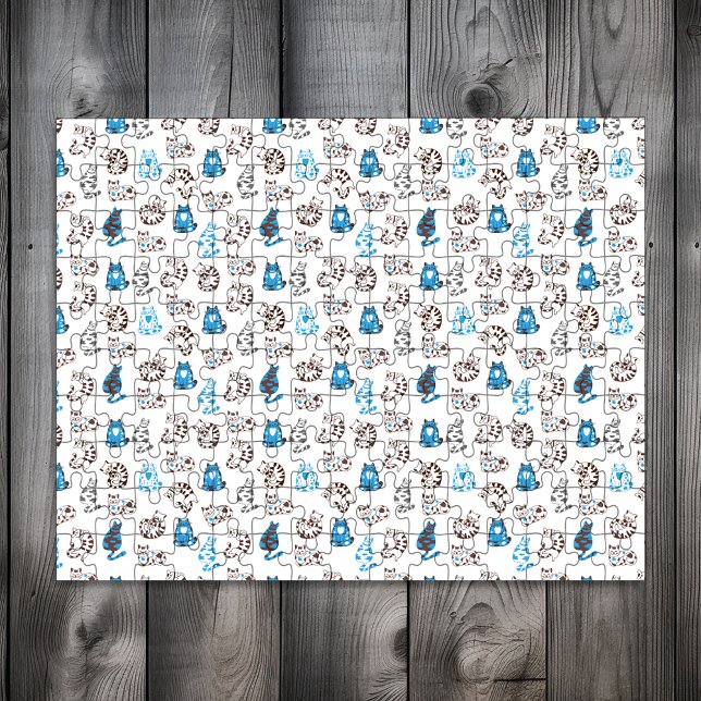 Puzzle Patrón de gato gatito difícil | Azul clásico (Subido por el creador)