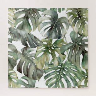 Puzzle Patrón de gran acuarela de monstera tropical