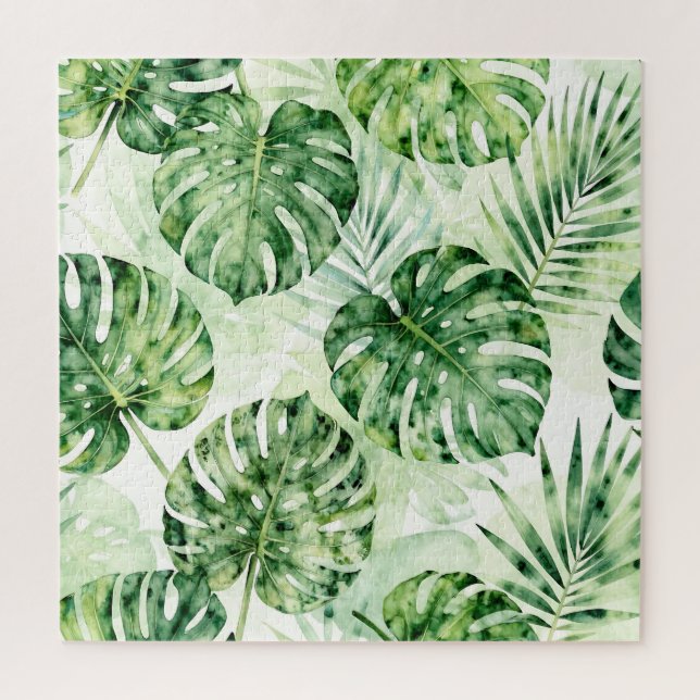 Puzzle Patrón de hojas de palma Monstera tropical acuarel (Vertical)