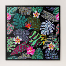 Patrón de hojas y flores tropicales vibrantes